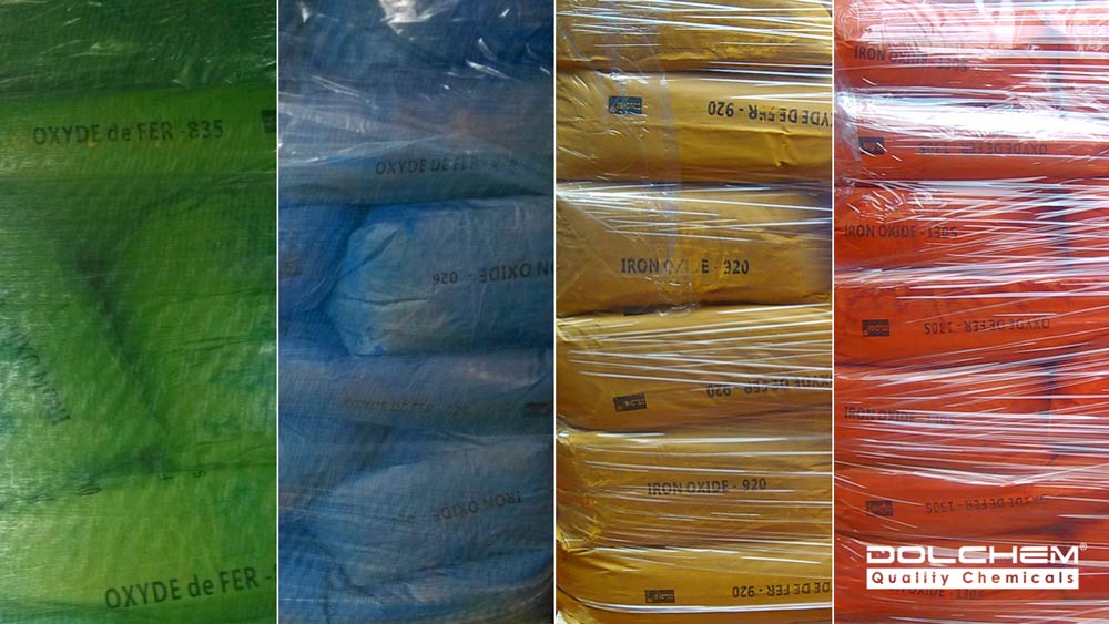 DOLCHEM batches of Iron Oxide in different colors: green, blue, yellow, red